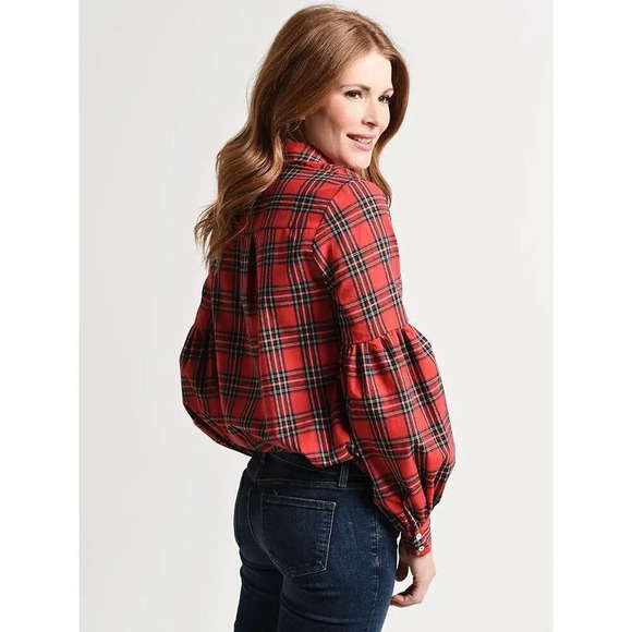 English Factory Plaid Button-Up Tartan Blouse Top Size Medium holiday - Picture 2 of 9